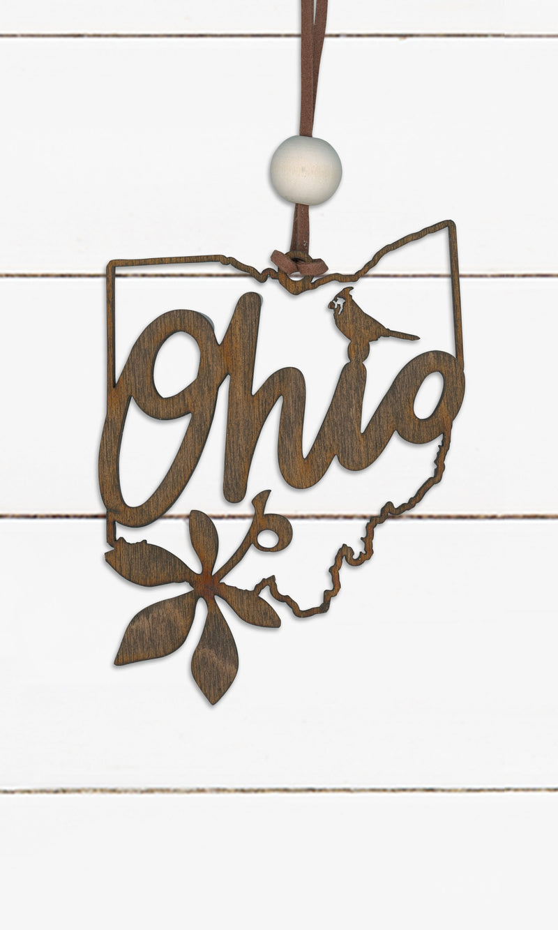 State of Ohio, Script, Buckeye Leaf, Cardinal - Laser Cut Ornament